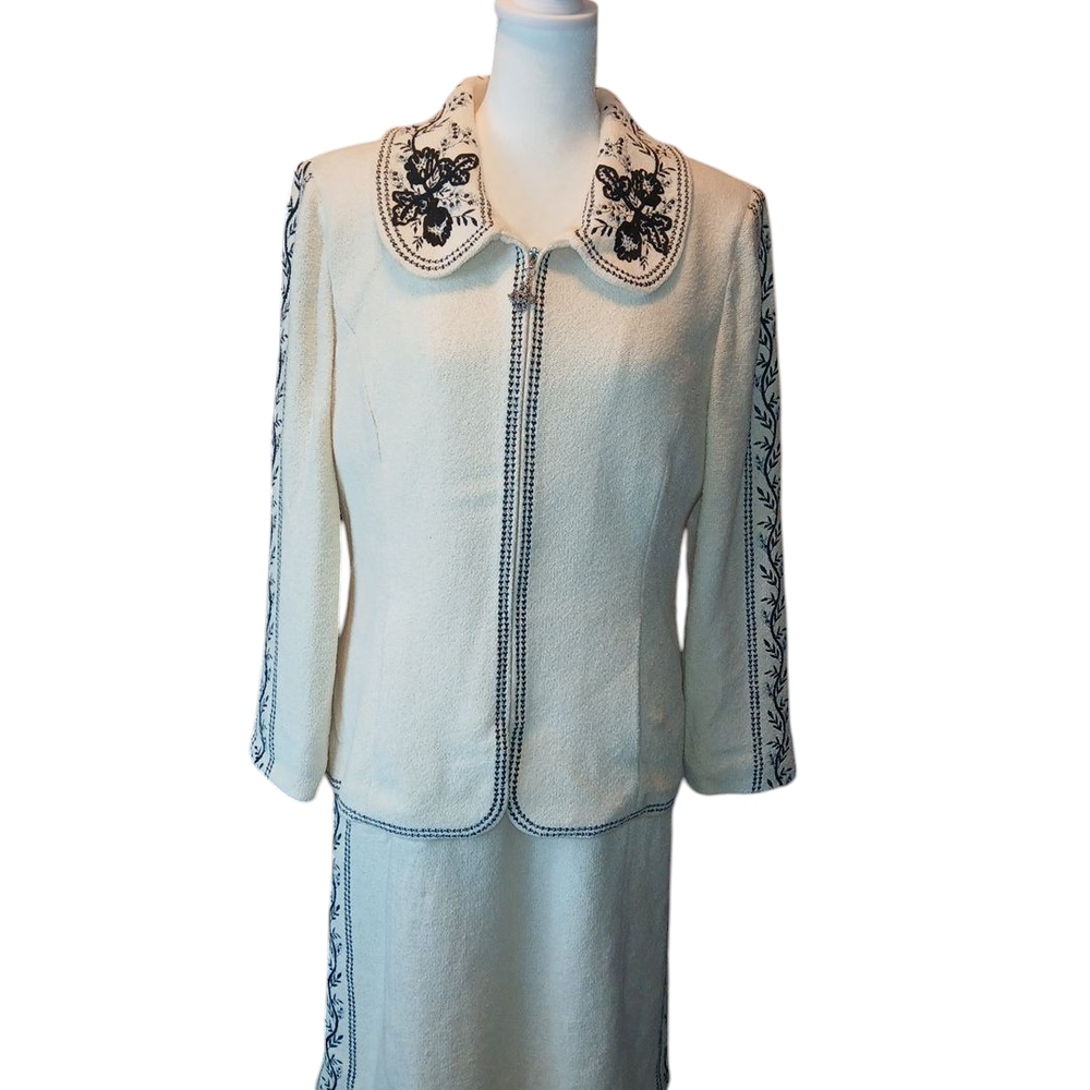 ST. JOHN COUTURE Elegant Cream and Black Embroidered Jacket Sz. 10 Dress Sz. 8
